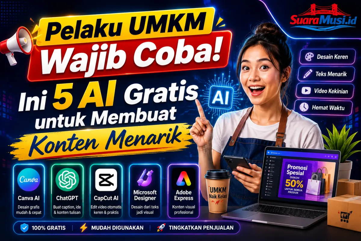 lima rekomendasi platform AI gratis yang siap mengubah konten digital UMKM menjadi jauh lebih profesional untuk memikat konsumen. (SUARAMUSI.ID/RICKI)