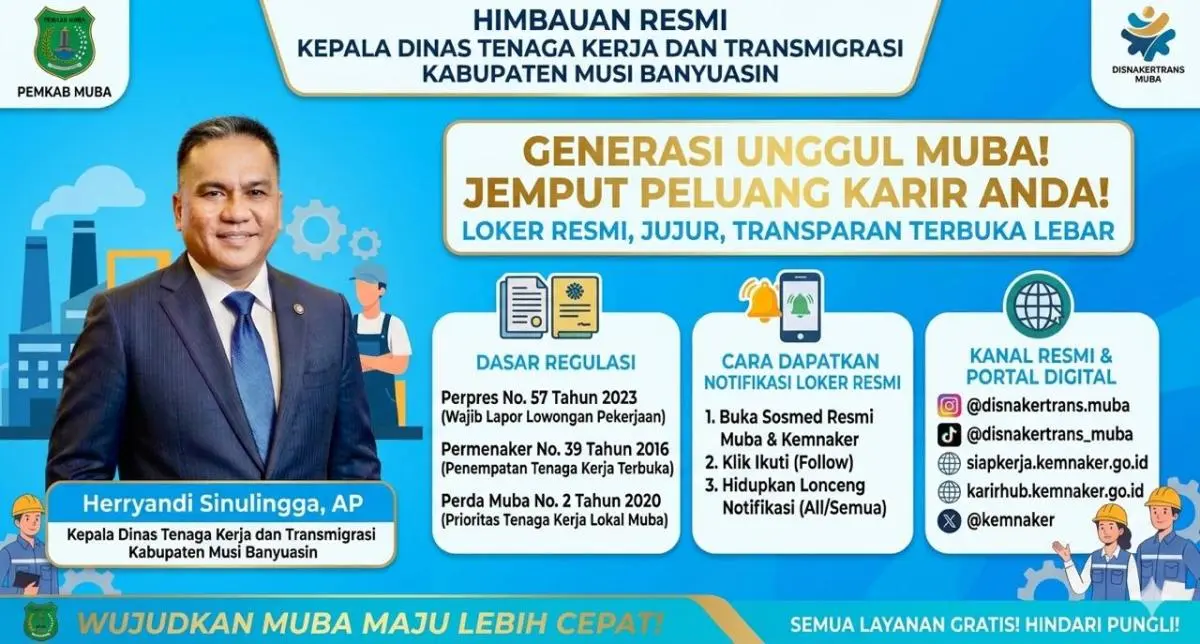 Kepala Disnakertrans Muba mengimbau pencari kerja memantau lowongan kerja resmi