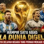 Meskipun diikuti oleh puluhan negara dari berbagai belahan benua yang menyaring bakat-bakat terbaik mereka, takhta tertinggi sepak bola dunia ternyata sangat eksklusif. Hingga edisi terbaru, tercatat baru ada delapan negara yang berhak menyematkan bintang juara di atas logo federasi mereka. (SUARAMUSI.ID)