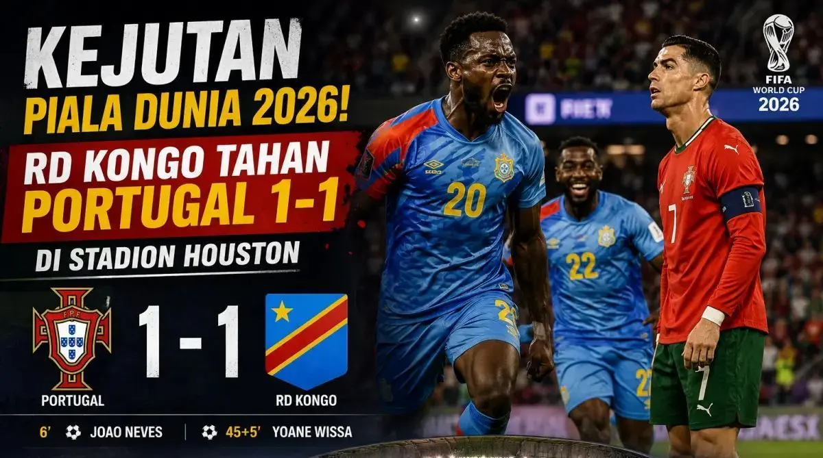 Difavoritkan meraih kemenangan, Portugal justru gagal mengamankan tiga poin setelah ditahan RD Kongo 1-1 di Stadion Houston. (SUARAMUSI.ID/RICKI)